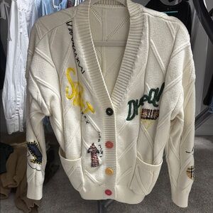 Free People style Cardigan with Colorful Buttons and Graphic Details